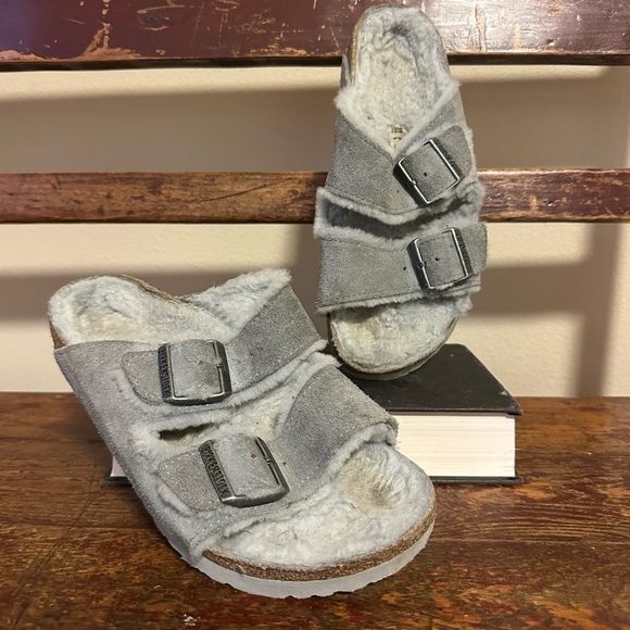 Birkenstock Gray Arizona Shearling Fleece Lined Double Buckle Sandals - Picture 1 of 13